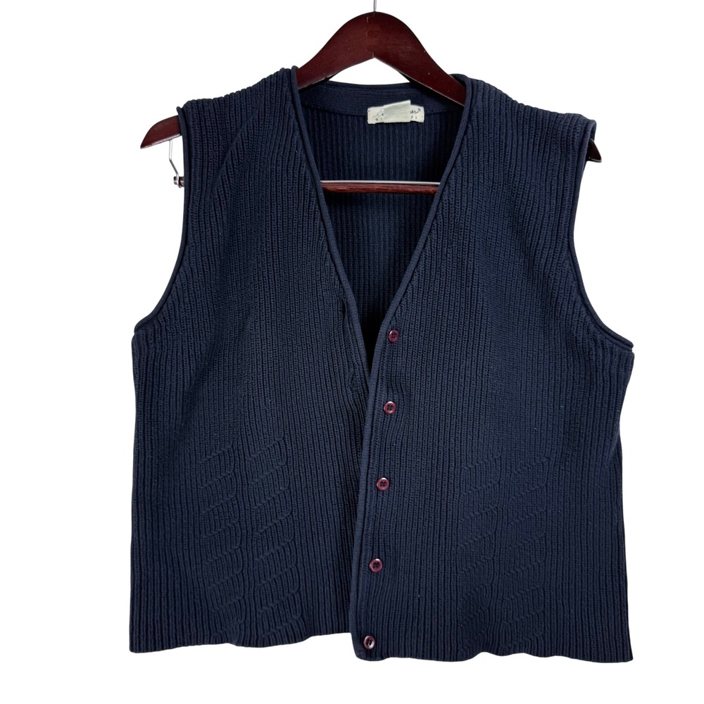 Vintage Eddie Bauer Navy Blue Cotton Ribbed Knit Button Front Sweater Vest XL